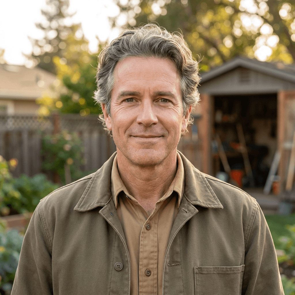 Male homeowner in his 50s, White, straightforward no-nonsense appearance fitting a satisfied customer