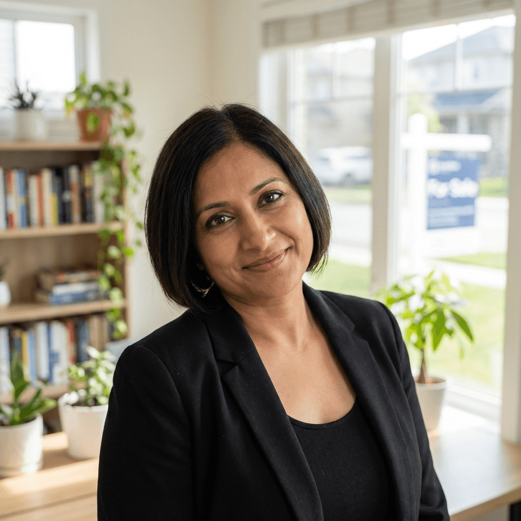 Female business owner in her mid 30s, South Asian, professional and approachable demeanor
