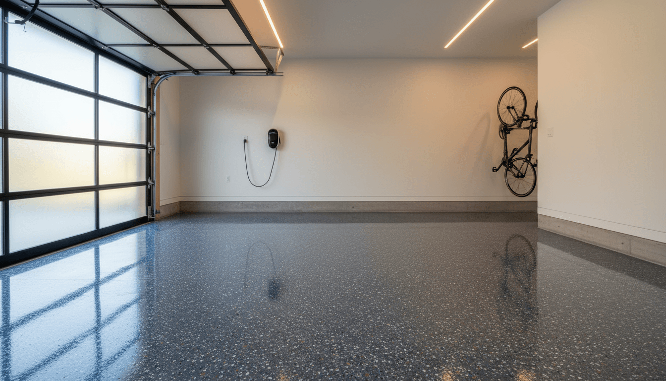Finished garage epoxy floor with decorative color chips