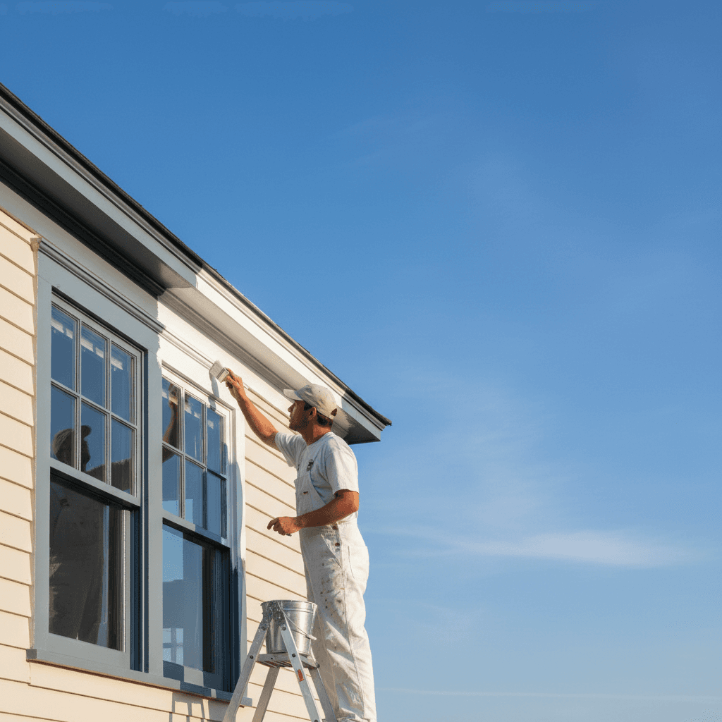 Painter brushing paint on exterior trim of a house