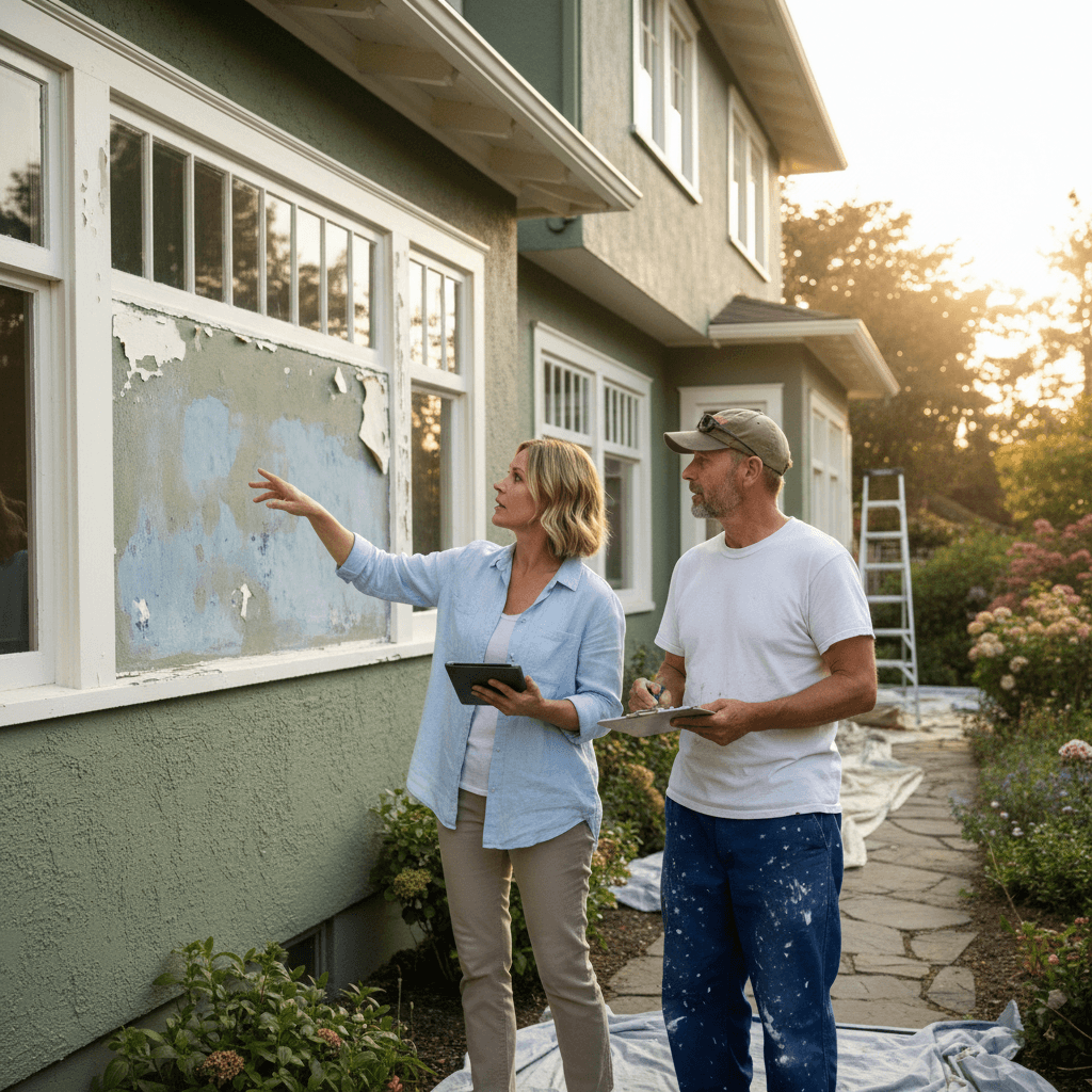 Homeowner and painter inspecting freshly painted exterior