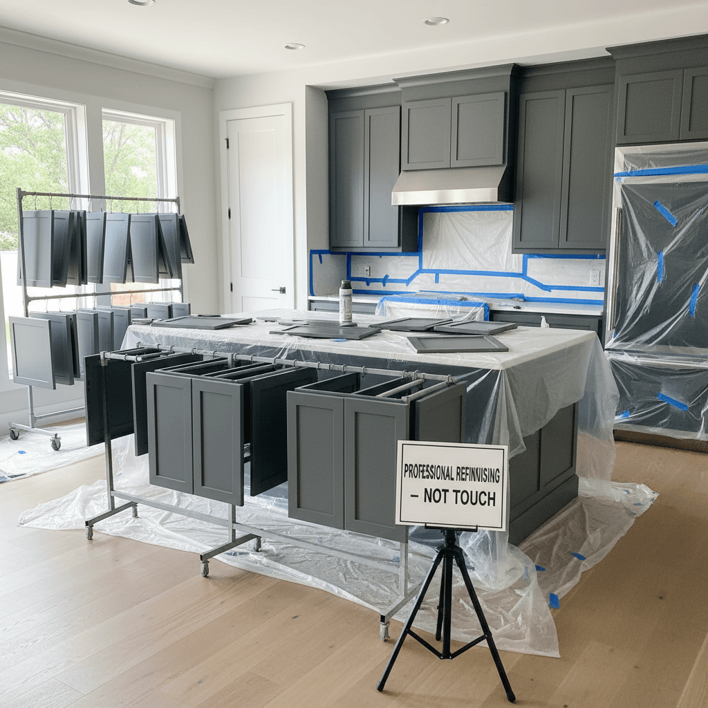 Painted kitchen cabinets drying after professional refinishing