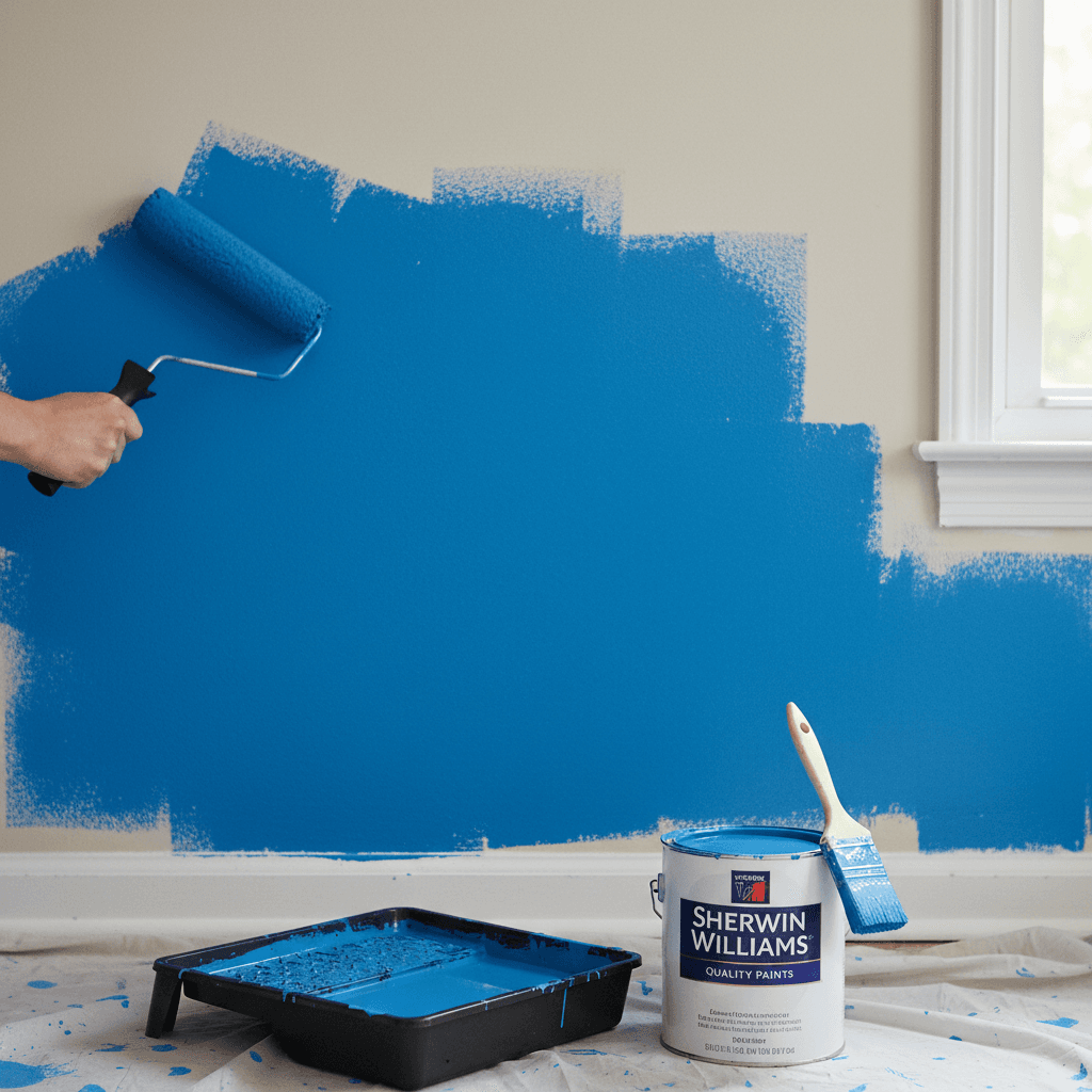 Paint roller applying paint on an interior wall with a paint tray nearby
