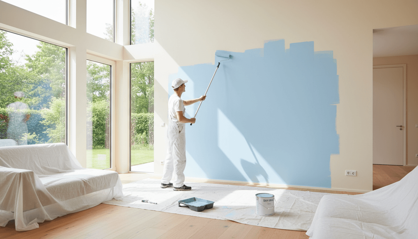 A professional painter in a bright living room applying paint with a roller