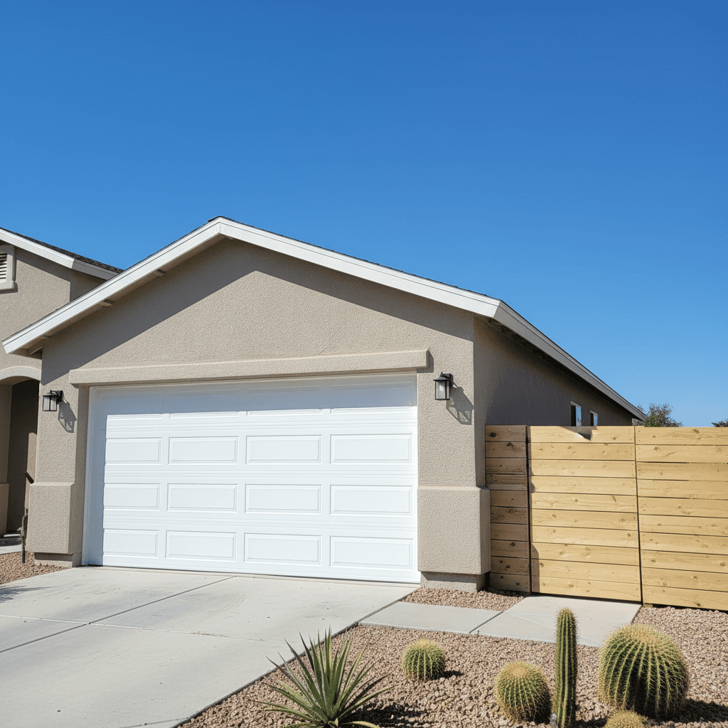 Newly painted garage door with adjacent wooden fence
