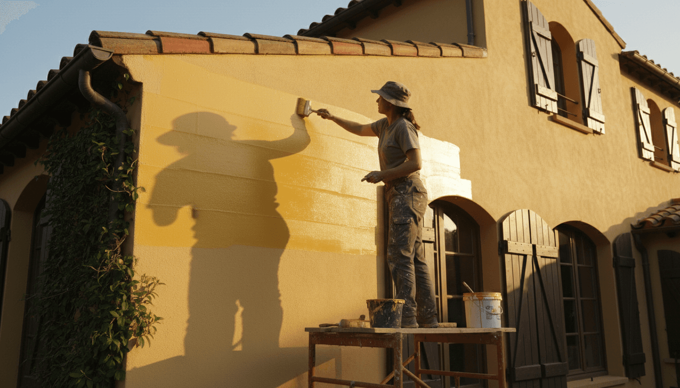 Painter applying paint to a home exterior in warm sunlight