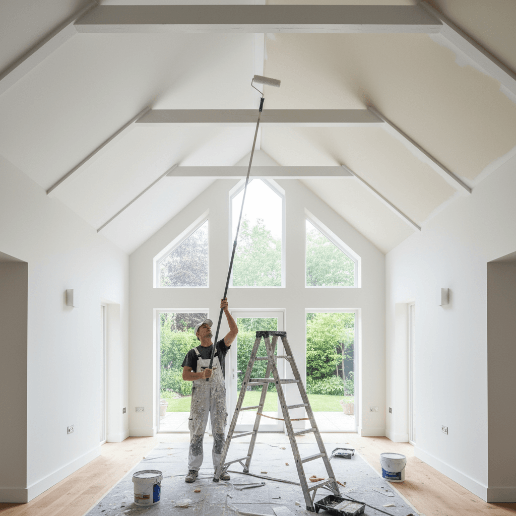 Painter painting a high ceiling with an extension pole