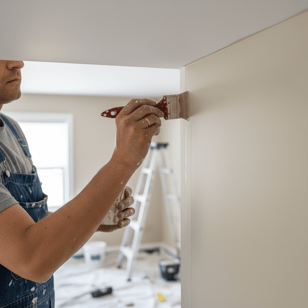 Painter cutting in a precise line along the ceiling