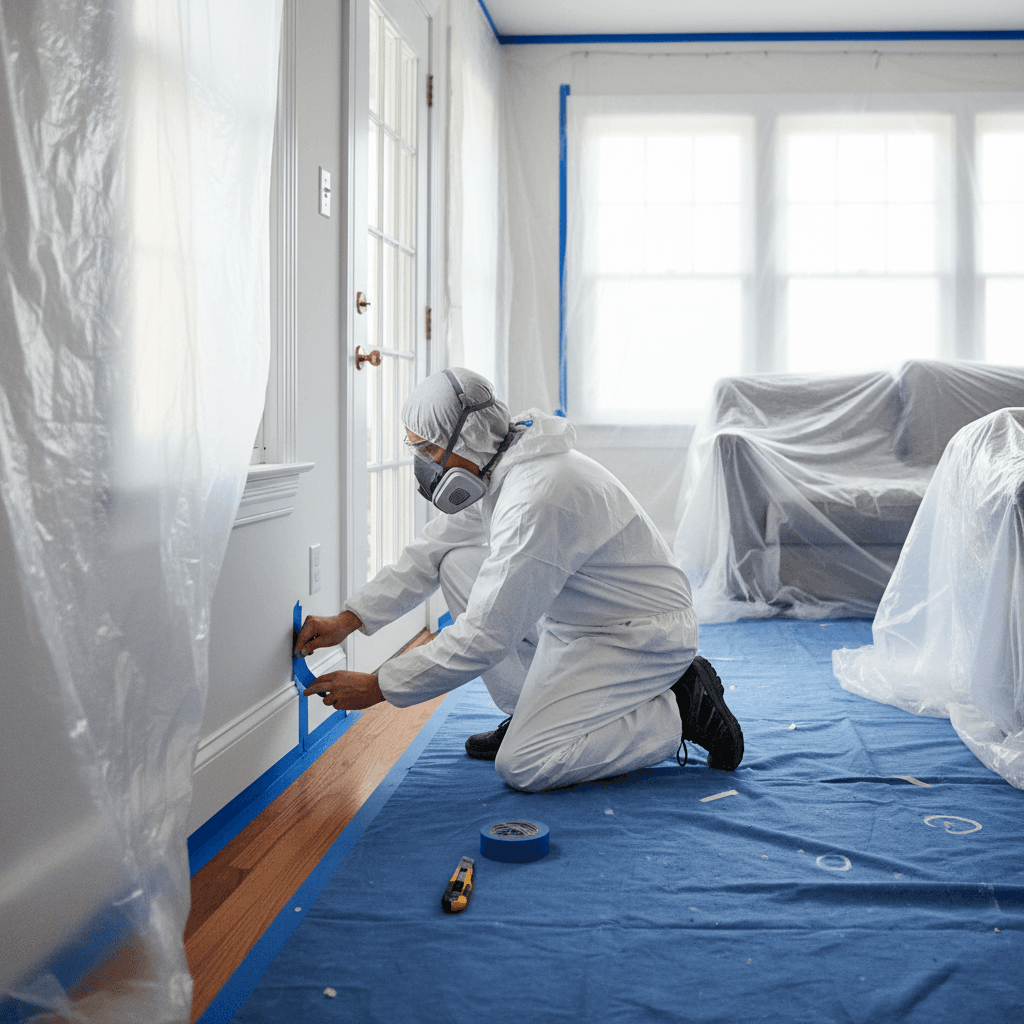 Painter masking baseboards and trim in a residential room