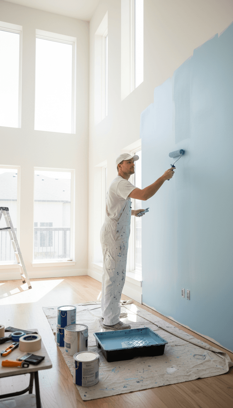 Professional painter rolling paint on interior wall in a bright living room