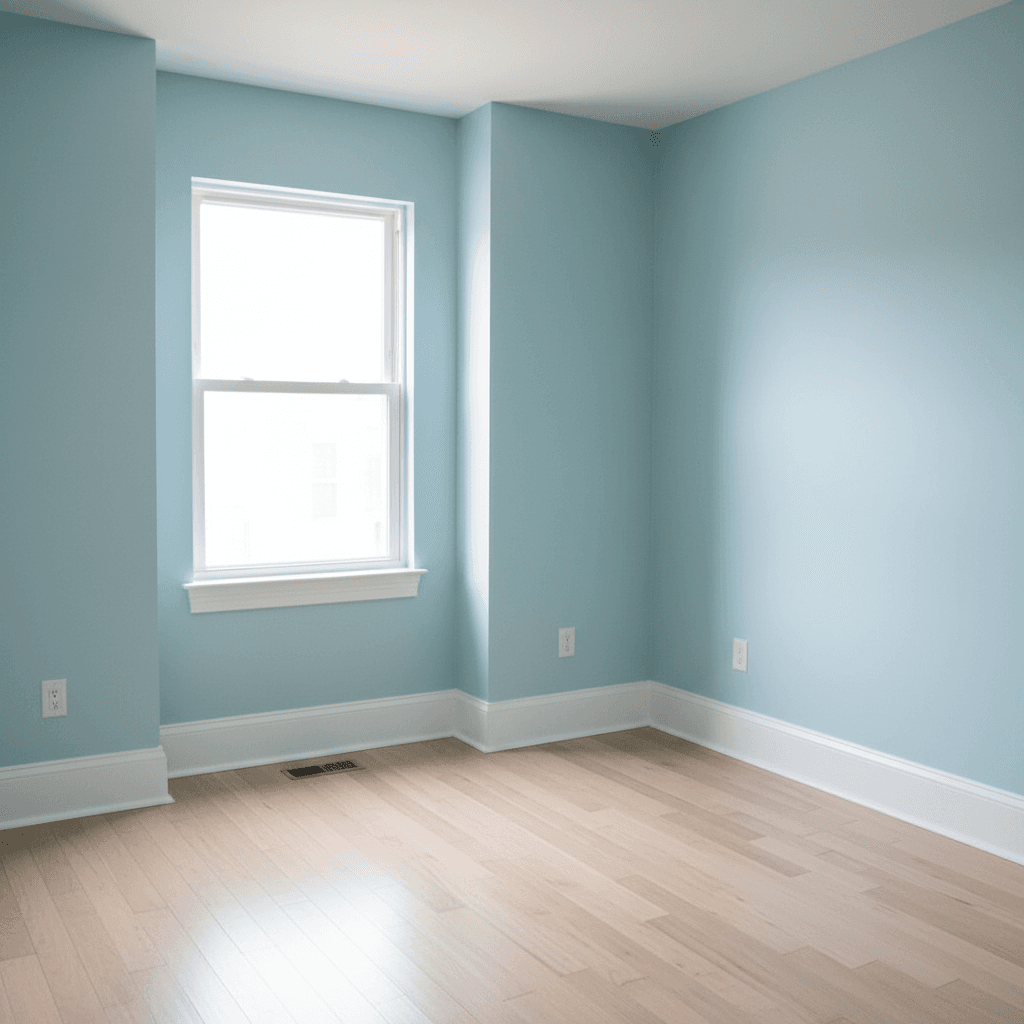 Finished bedroom in light blue with clean white baseboards