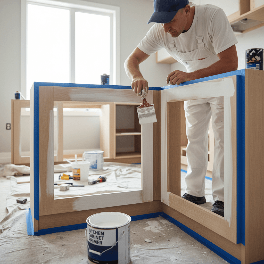 Professional applying primer to kitchen cabinet frames