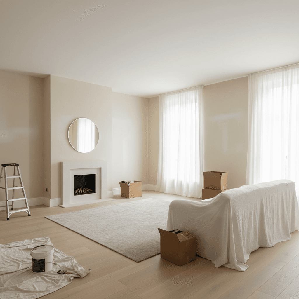Spacious living room with freshly painted neutral walls