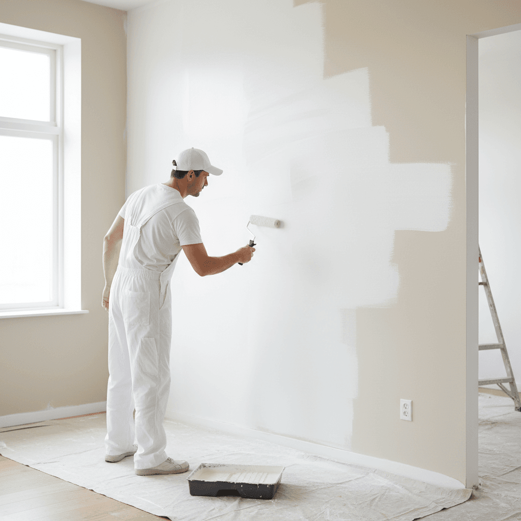 Painter rolling primer onto an interior wall