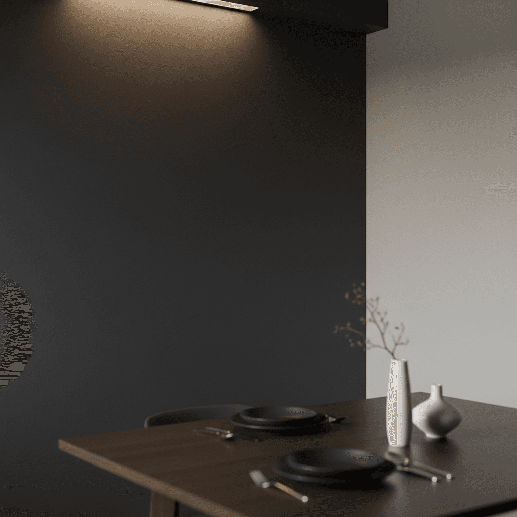Modern dining room with a deep charcoal accent wall