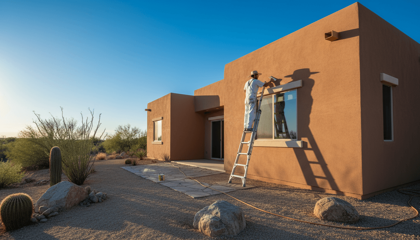 Professional painter applying finishing touches to a freshly painted desert home exterior