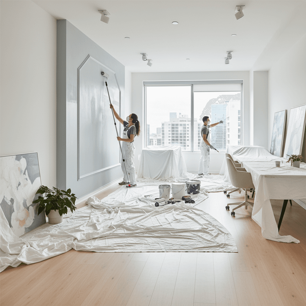 Professional painters working in a modern office interior with protective drop cloths