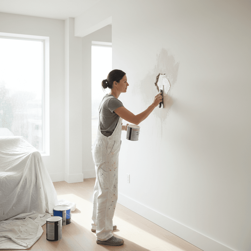 Painter repairing a drywall hole with spackle