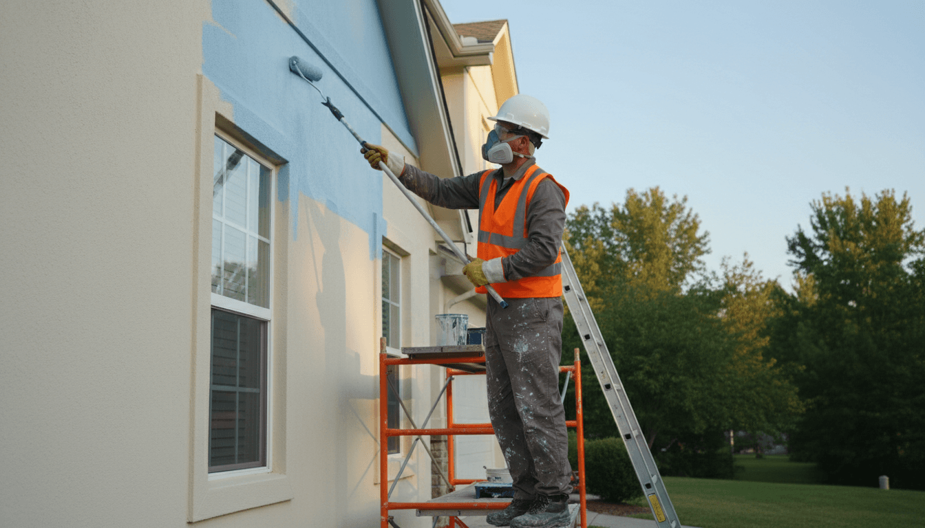 Painter applying paint to a home exterior wall with a brush