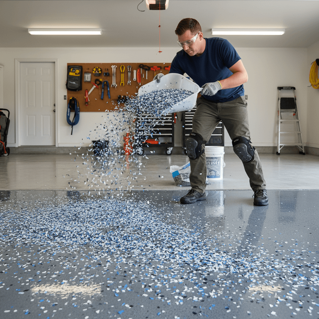 Worker broadcasting decorative chips onto a wet epoxy floor