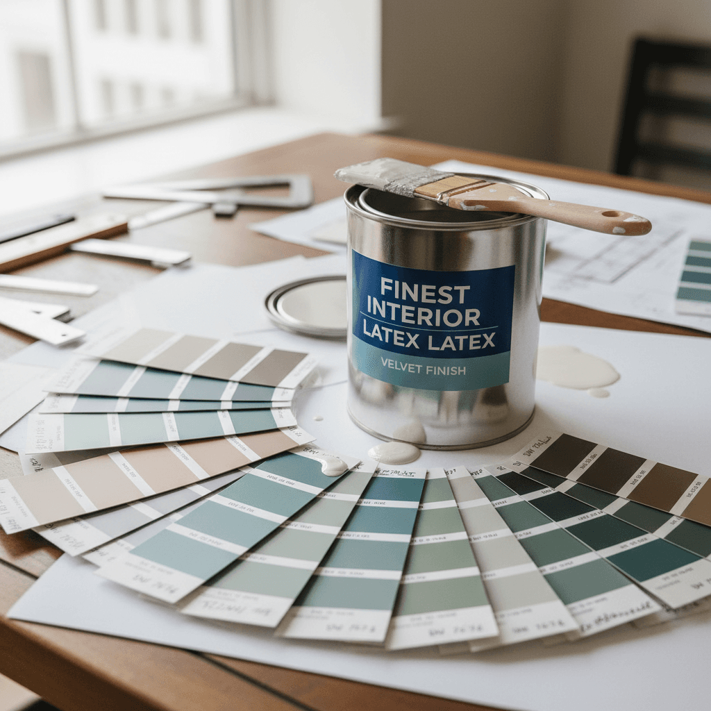 Close-up of Sherwin-Williams paint color swatches and a paint can