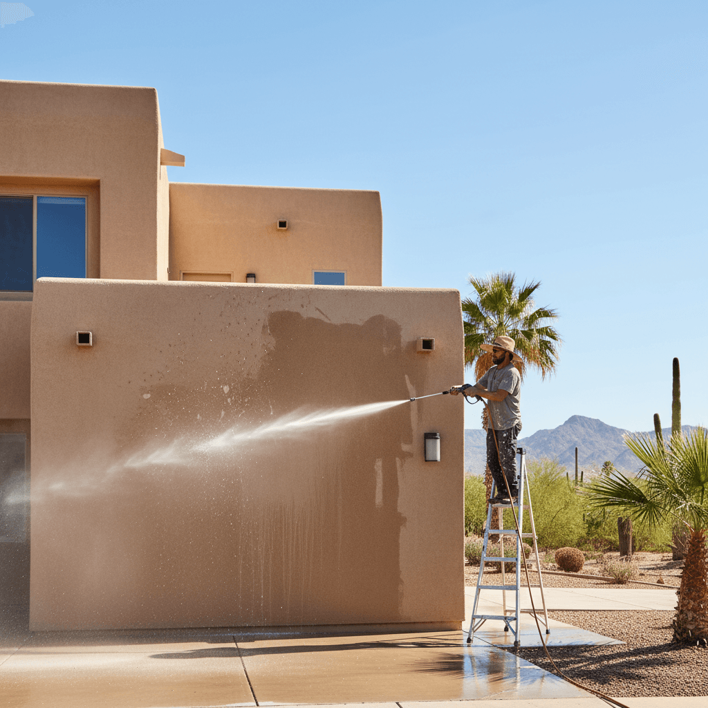 Professional painter power washing the exterior siding of a house in bright daylight