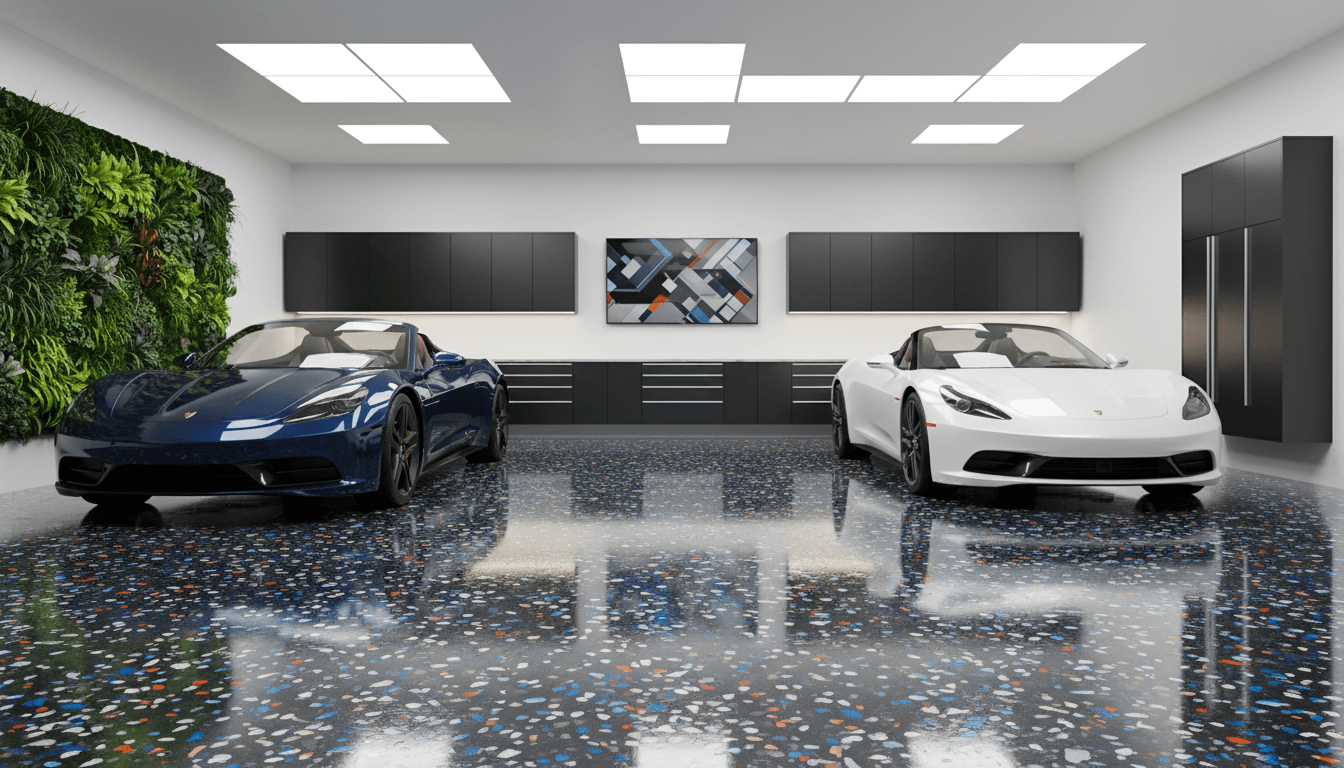 Modern garage with a glossy epoxy floor and decorative color chips