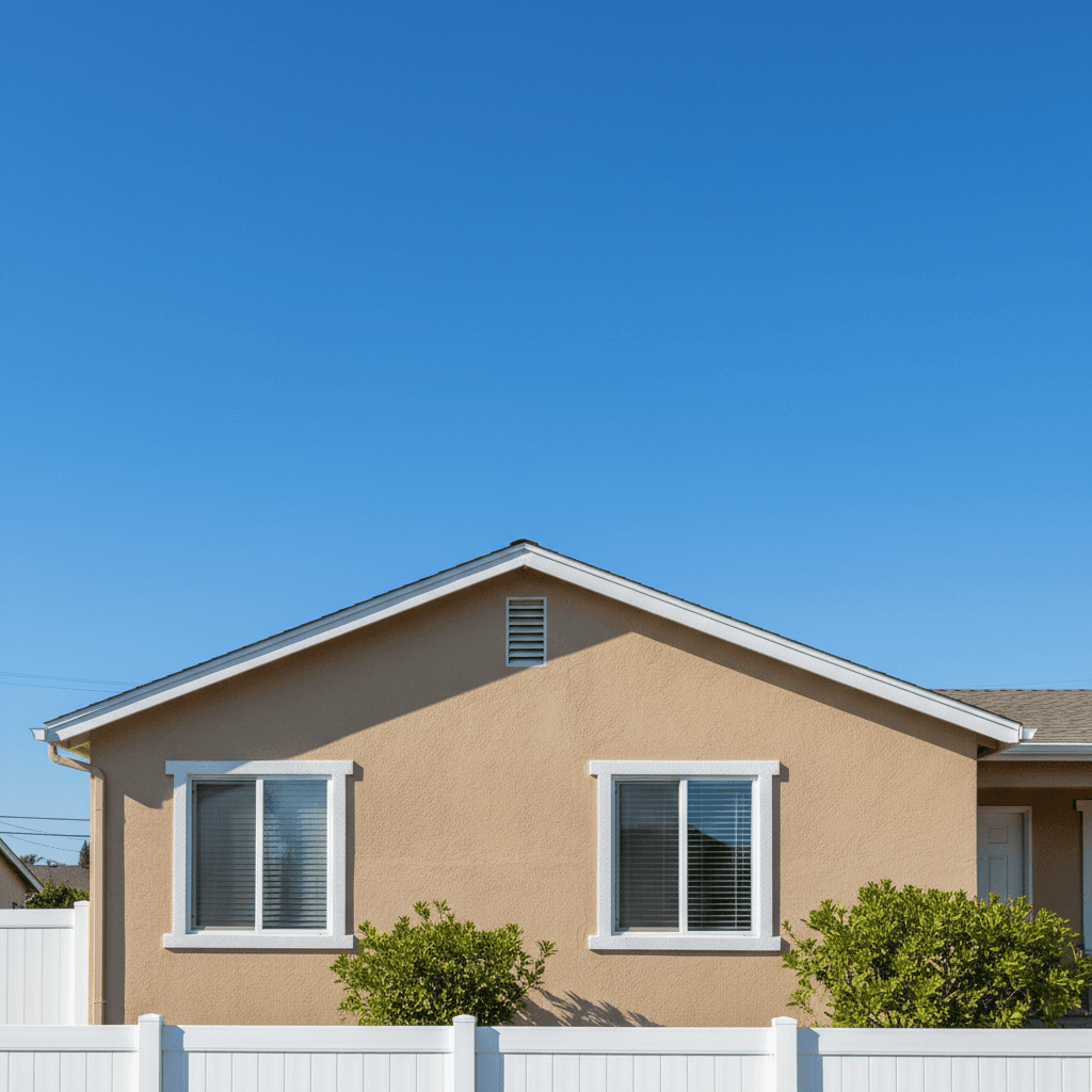 Freshly painted stucco home exterior with white trim