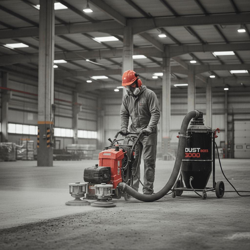 Concrete grinder prepping garage floor surface before epoxy application