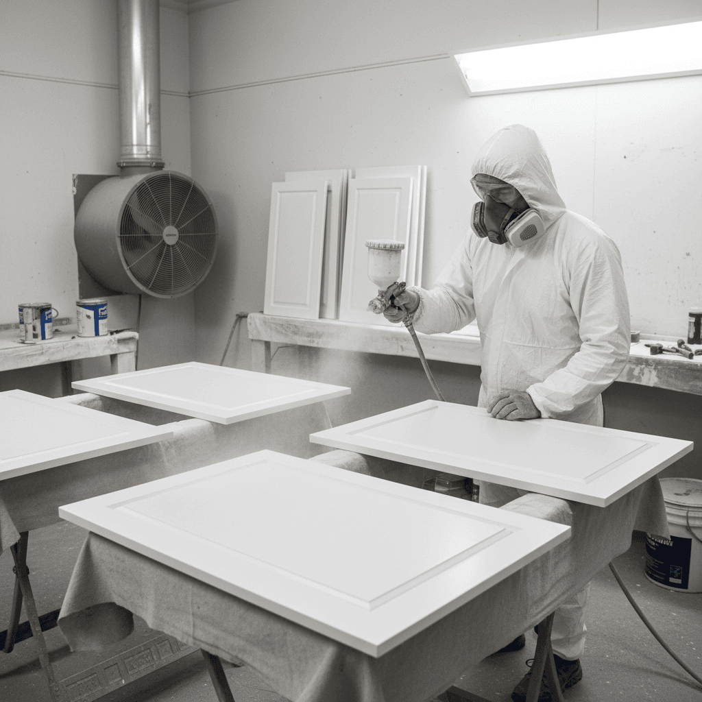 Professional painter using a paint sprayer on kitchen cabinet doors