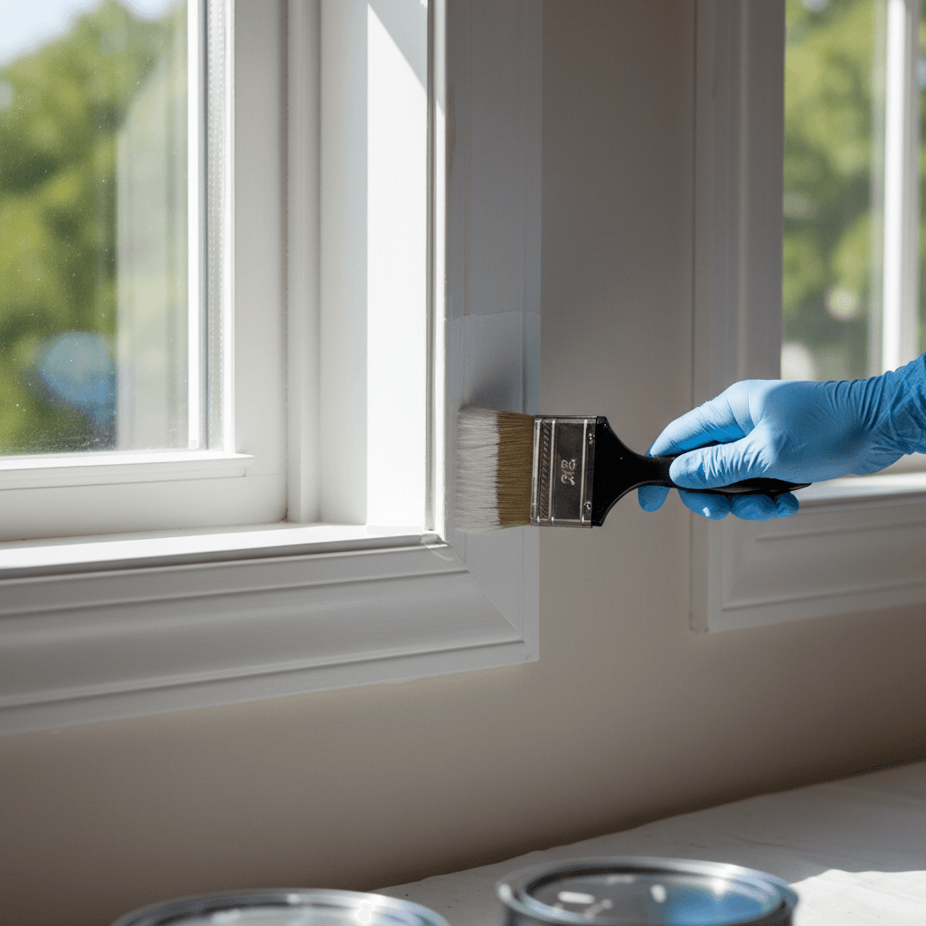 Painter cutting in a crisp paint line on white window trim