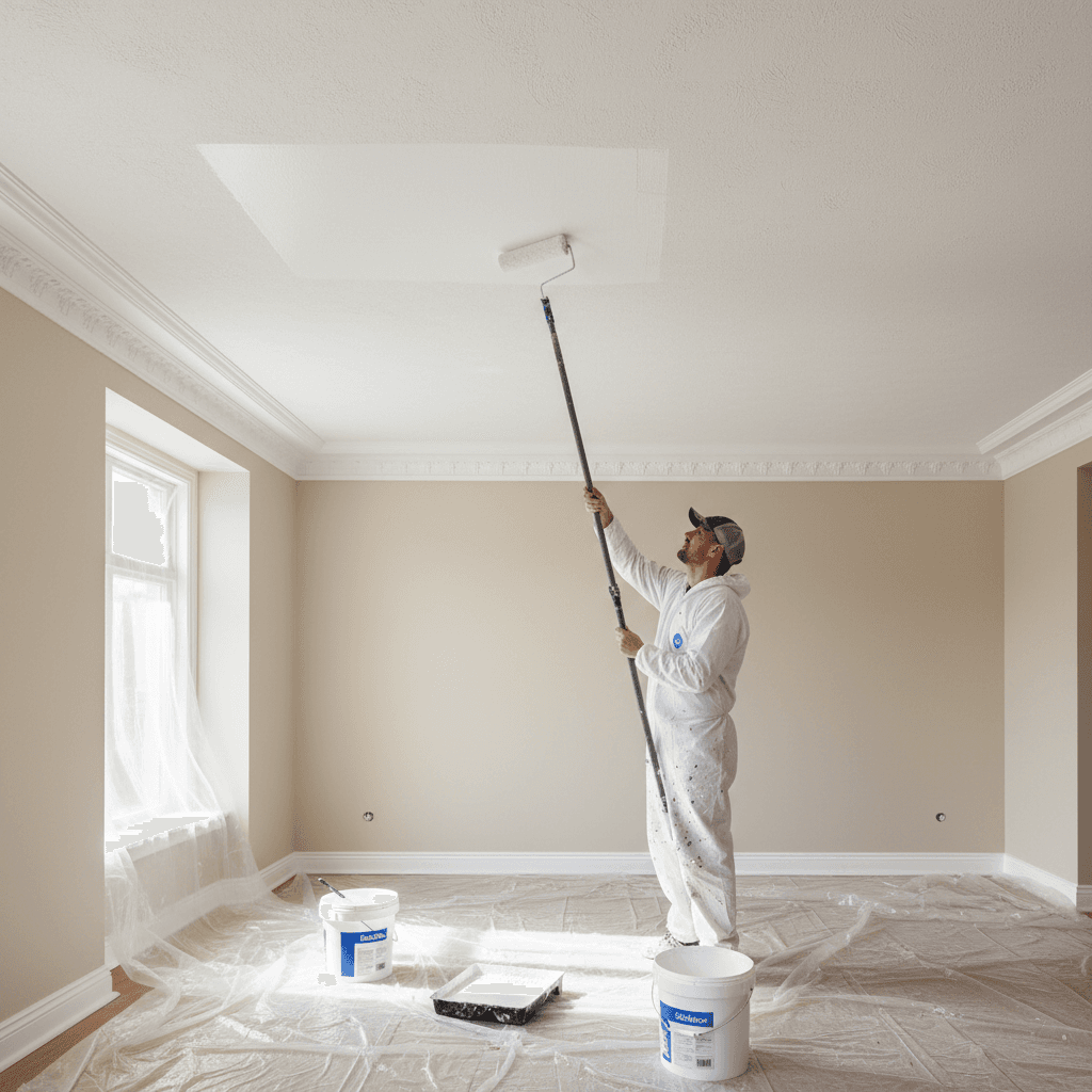 Painter using an extension pole to paint a white ceiling in a room