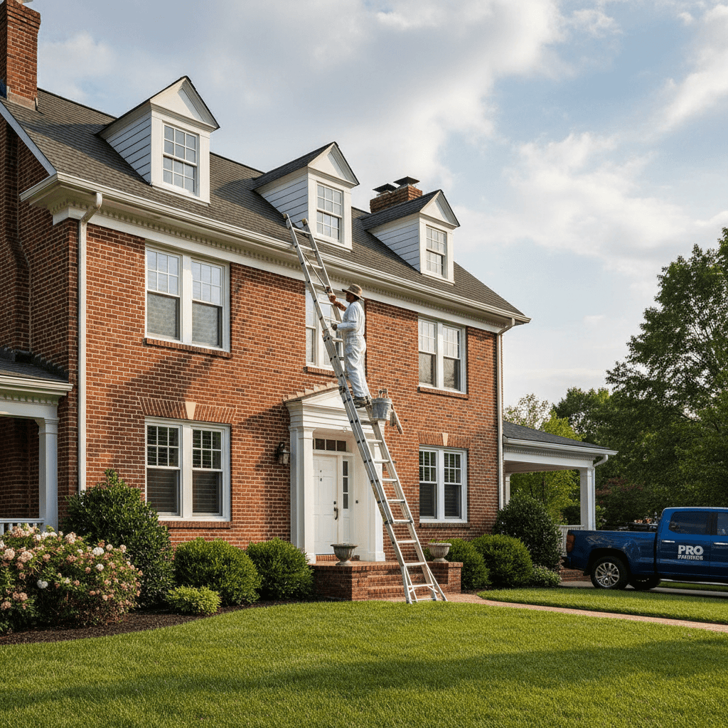 Two-story brick house with painter working from extension ladder