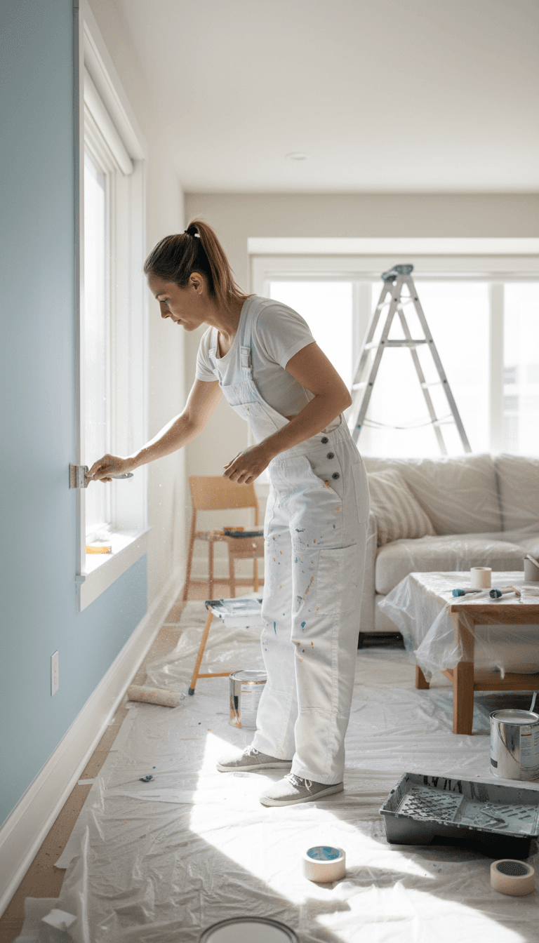 Painter cutting in crisp trim lines in a bright living room