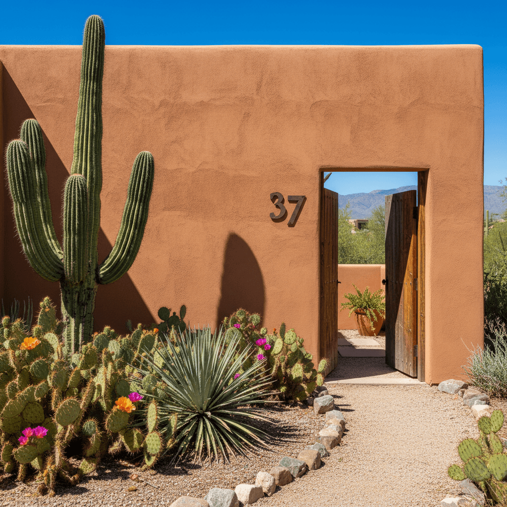 Painted stucco wall on a home with desert landscaping