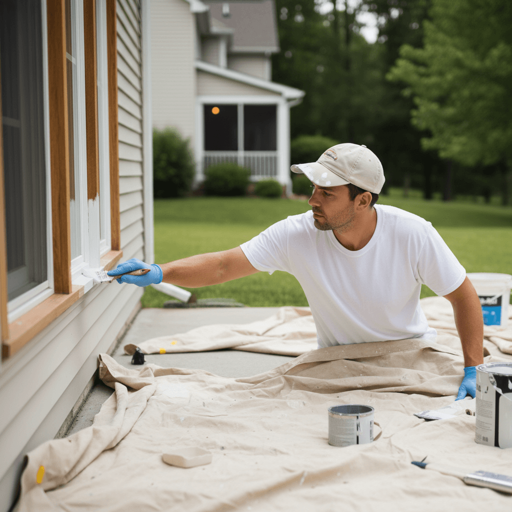 Painter applying trim paint with brush