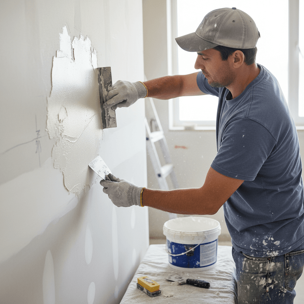 Contractor smoothing spackle into a drywall patch with a putty knife