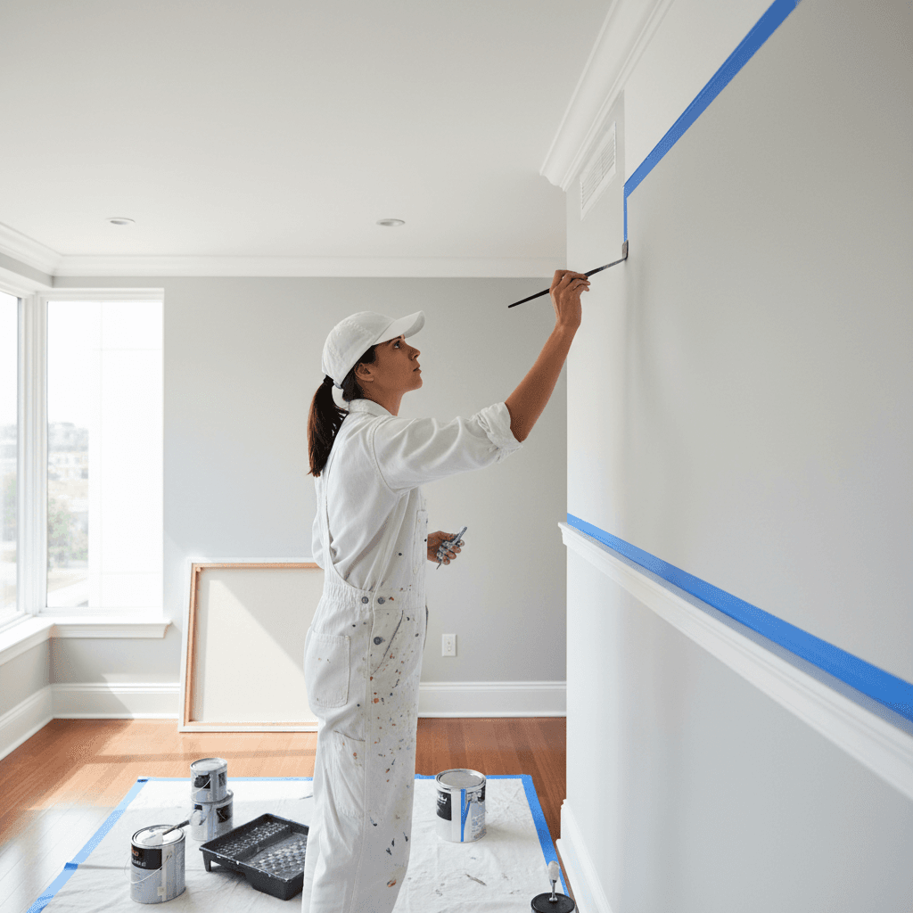 Painter cutting in a straight line where the wall meets the ceiling