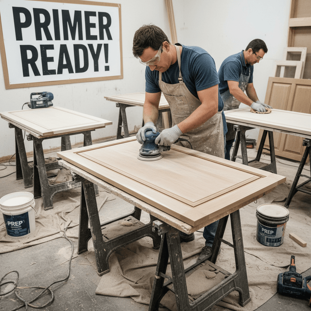 Painter sanding a wooden cabinet door before priming