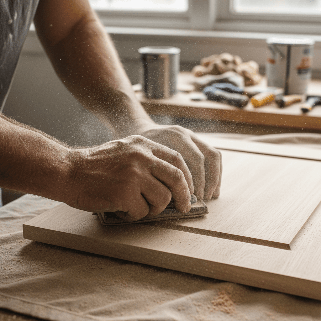 Painter's hands sanding a wooden cabinet door