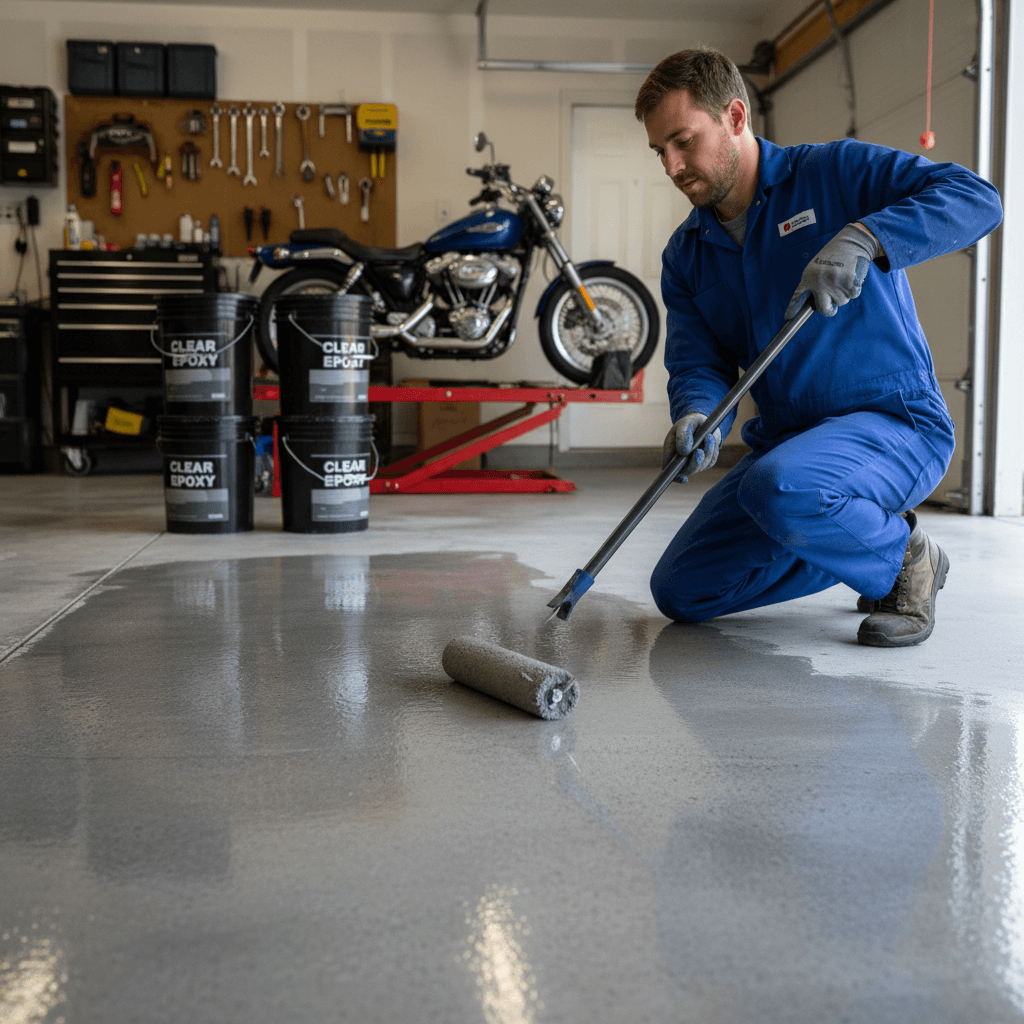 Worker applying a clear topcoat to a garage floor with a roller