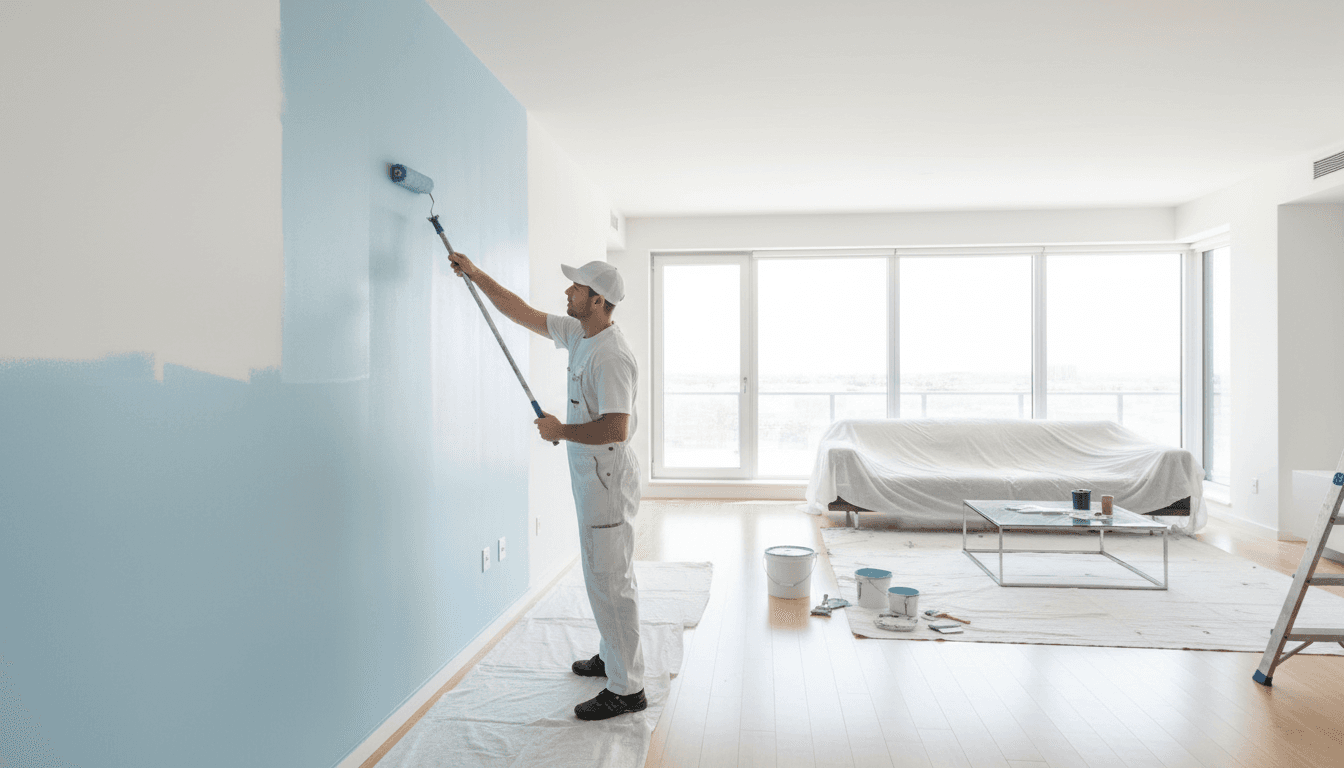 A painter in a white t-shirt rolling paint onto an interior wall in a bright, modern living room