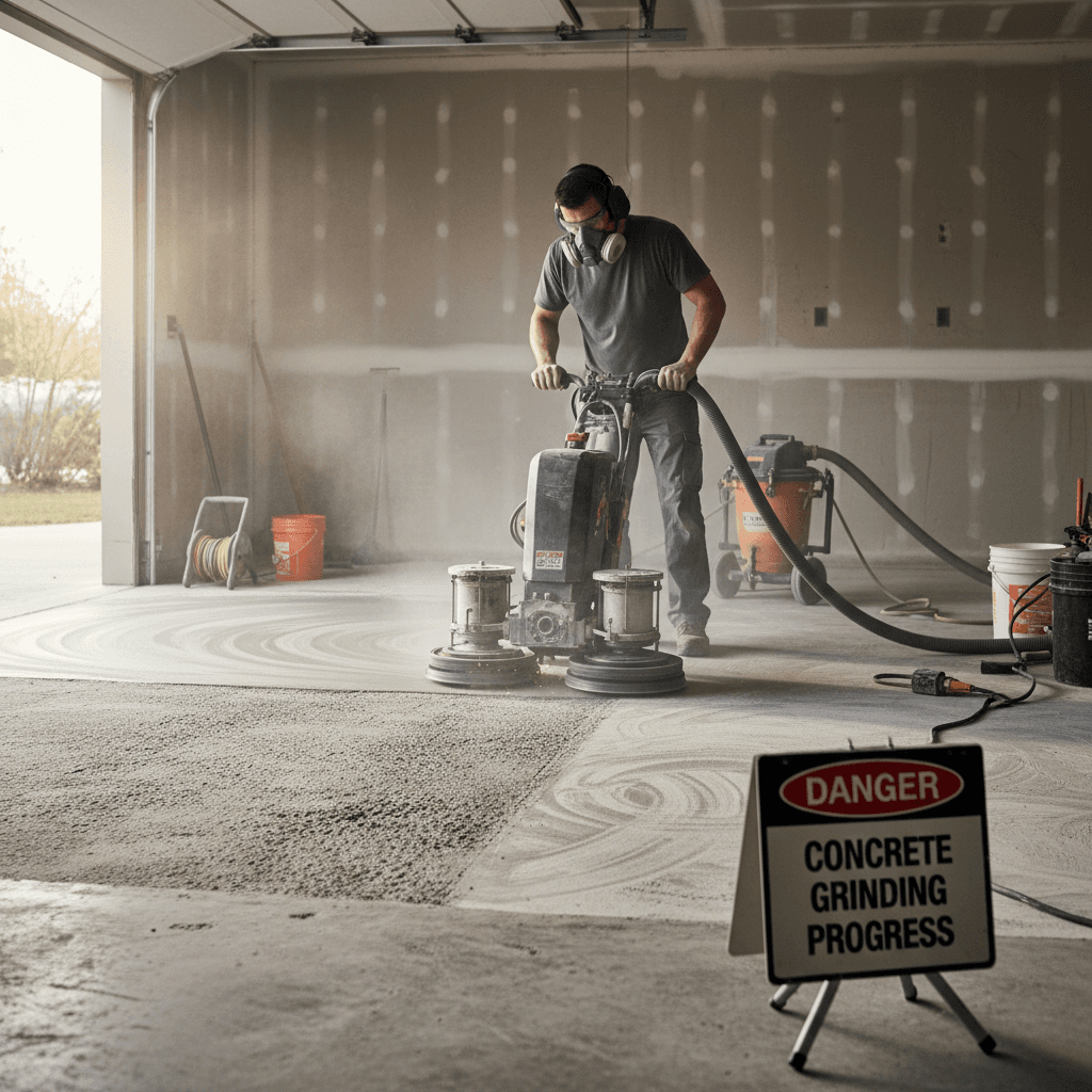 Contractor grinding a concrete garage floor to prepare it for epoxy