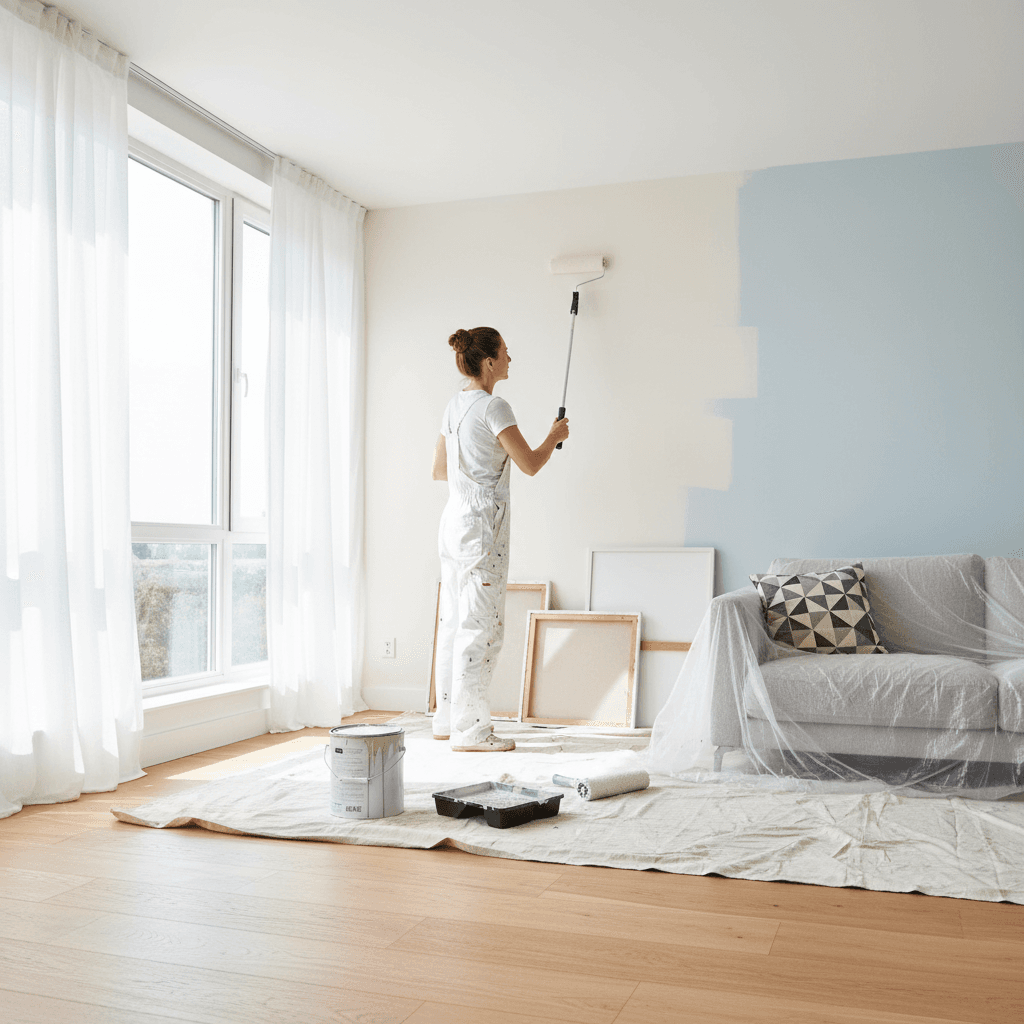 Painter rolling fresh paint onto a living room wall