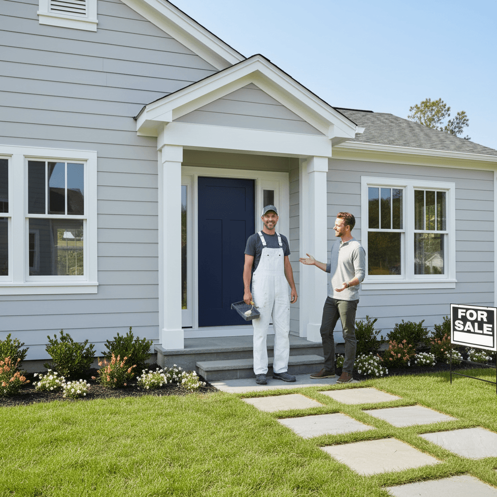 Homeowner and painter inspecting the freshly painted exterior of a house