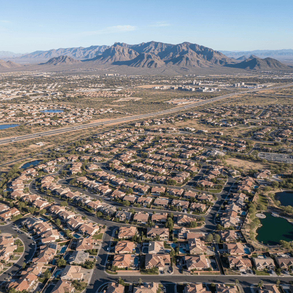 Aerial view of an East Valley Arizona neighborhood with mountains in the distance