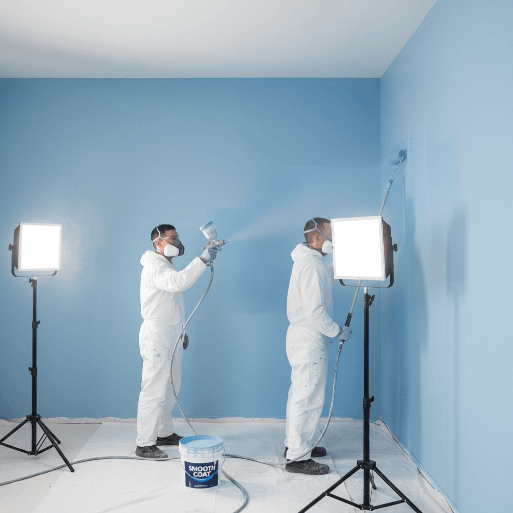 Painter using a sprayer and roller for a smooth wall finish