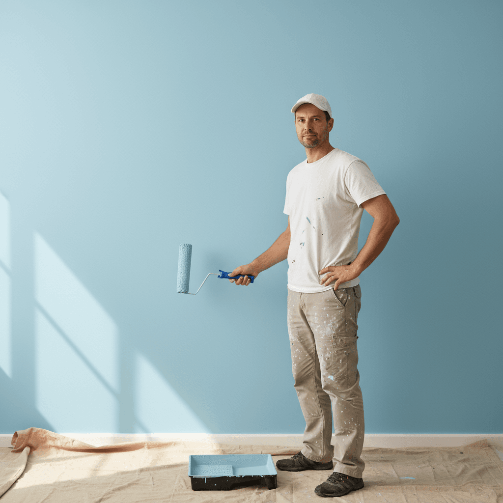 Professional painter standing in front of a freshly painted interior wall