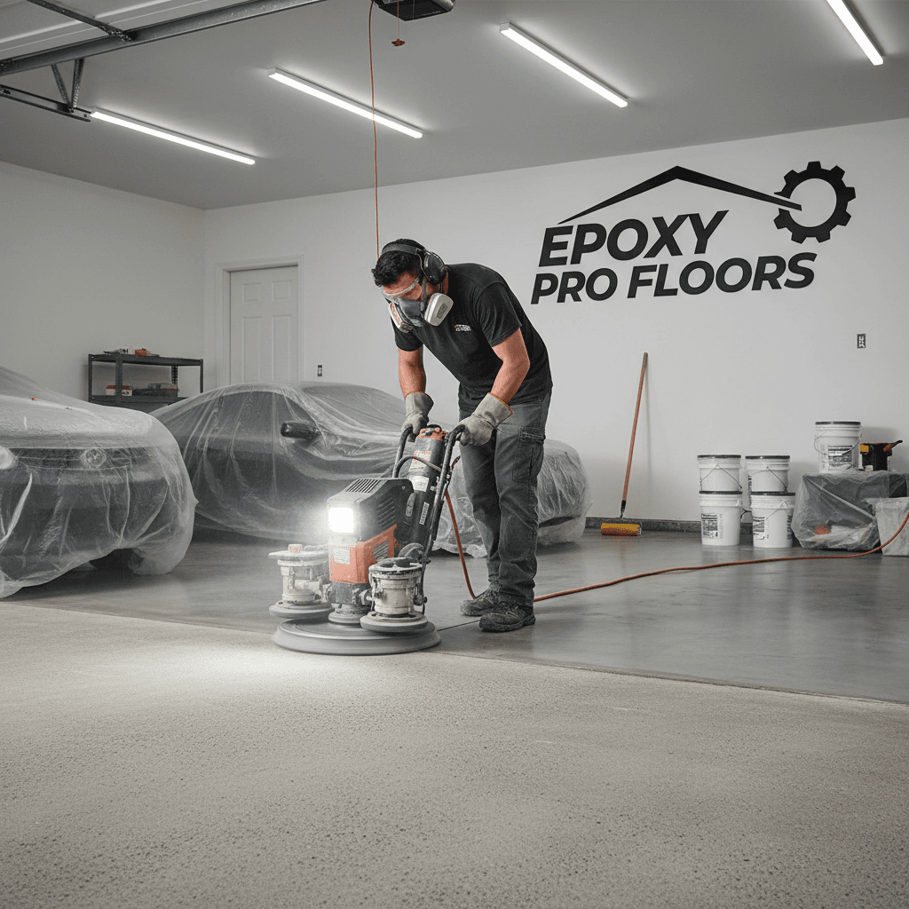 Close-up of a grinder smoothing a concrete garage floor