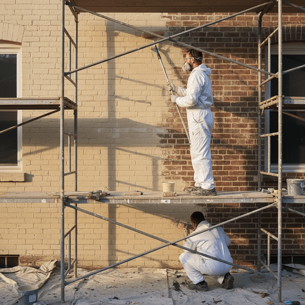Painting an exterior brick wall with a roller and paint tray